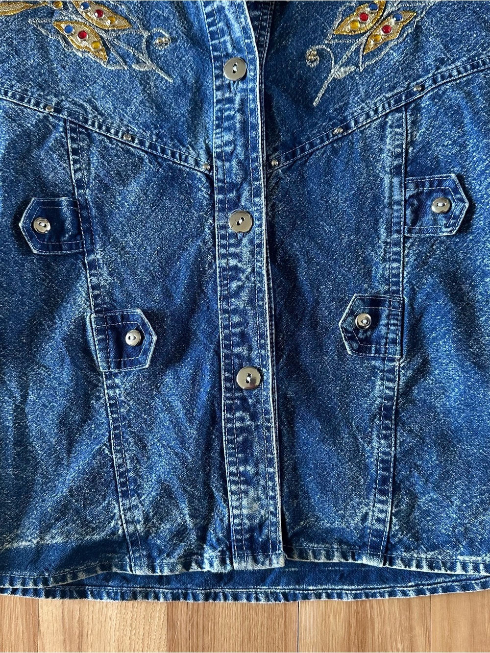 Vtg 80s 90s Pop Kids Denim 2 Pc Set Acid Wash Ruffle Skirt Butterfly Western 12 - Picture 5 of 16